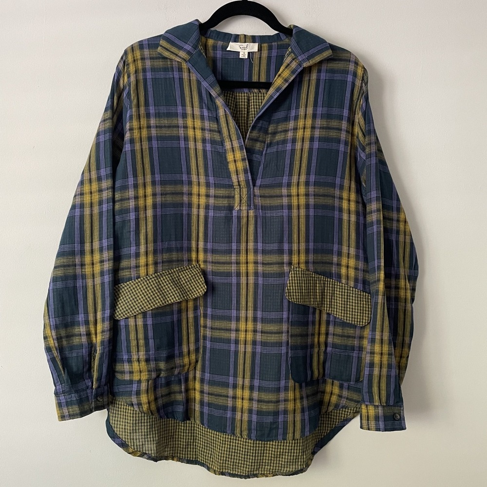 Easel Mixed Plaid Print Long Sleeve Tunic Sz S Cotton Lagenlook Artsy Oversized